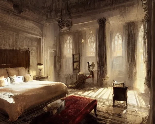 Image similar to a luxury hotel! suite room in the style of shakespearean! london!, art by greg rutkowski and artgerma, stunning! concept art, interior! design