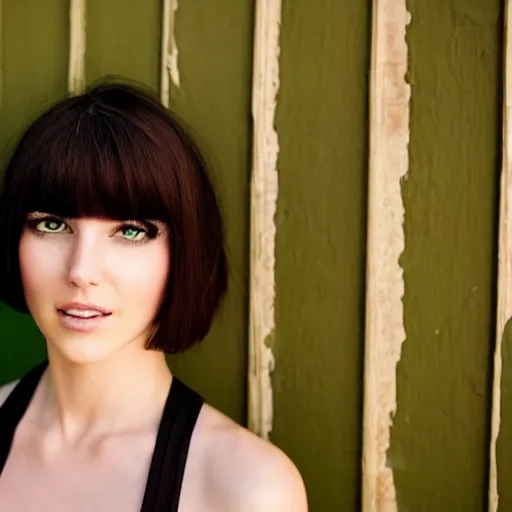 Image similar to brunette woman, short hair, flipped hairstyle, bright green eyes