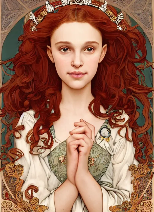 Prompt: well - lit art nouveau portrait of a 1 3 - year old girl who resembles natalie portman and millie bobby brown with red hair as a princess with intricate, ornate jewelry, natural lighting, path traced, highly detailed, high quality, cartoon, digital painting, by don bluth and ross tran and studio ghibli and alphonse mucha