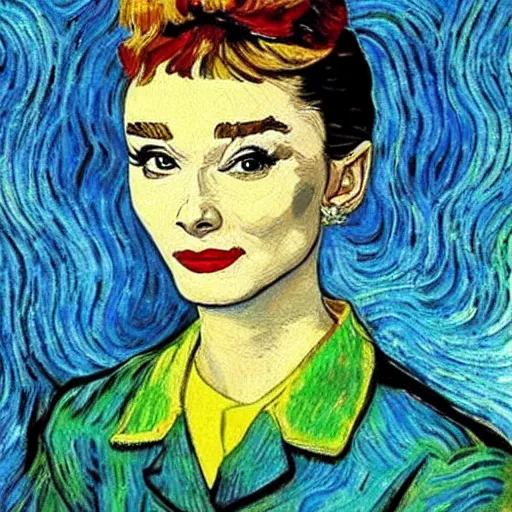 Image similar to audrey hepburn art by van gogh.