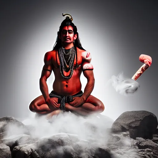 Image similar to lord shiva as a muscular character, smoking inside a dark studio, photography, red smoke coming out of his smoking bowl