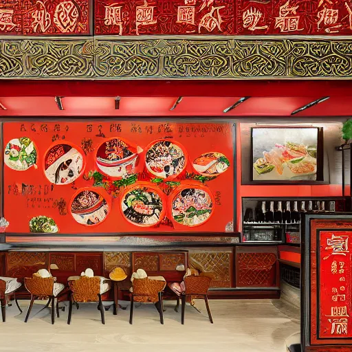 Image similar to a beautiful hyperdetailed interior 4 k hd wallpaper illustration of roasted string hotpot restaurant restaurant yan'an, wall painting, from china, with merchant logo, fine delicate structure, surrealistic, chinese style, victo ngai