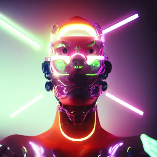 Image similar to beautiful japanese cyborg with led projection skin, neon lighting, techno neon background, portrait photo, octane render