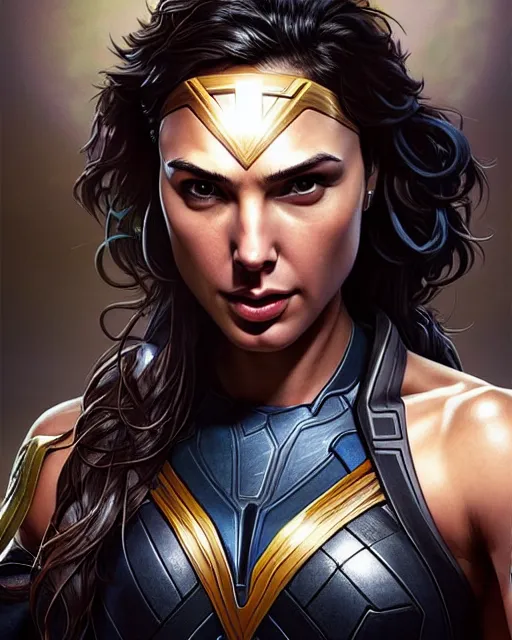 Prompt: Gal Gadot as an Apex Legends character digital illustration portrait design by, Mark Brooks and Brad Kunkle detailed, gorgeous lighting, wide angle action dynamic portrait