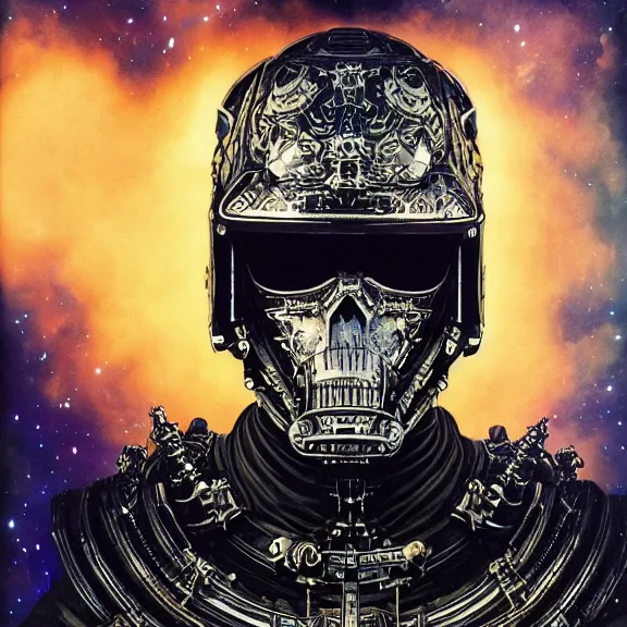 Image similar to a highly detailed space pirate portrait of an interstellar criminal radiating a dark unholy aura, a divine cosmic punisher, ornate black futuristic gothic armor, intricate broken space helmet, VR iridium visor, 8k, by Tristan eaton, Stanley Artgermm, Tom Bagshaw, Greg Rutkowski, Carne Griffiths, Ayami Kojima, Beksinski, Giger, trending on DeviantArt, face enhance, hyper detailed, minimalist, cybernetic, android, blade runner, full of colour,