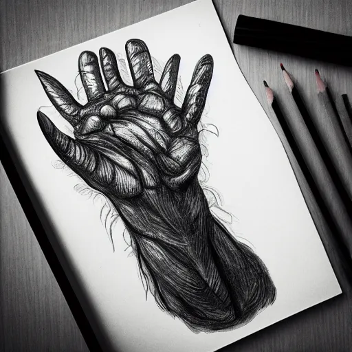 Image similar to a hand drawn pencil sketch of a monster black and white illustration