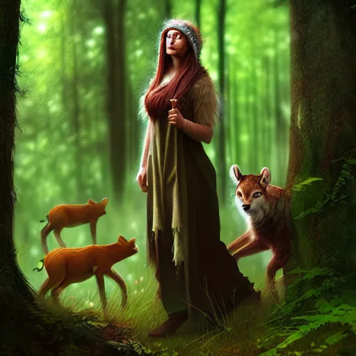 Image similar to a female woodland druid surrounded by forest animals, in the woods, hyper realistic, digital painting, photorealistic, in the style of greg rutkowski, detailed