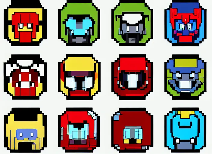 Image similar to a 3 - by - 3 grid of 9 framed closeup face portraits of cute evil robots, in the style of mega man.