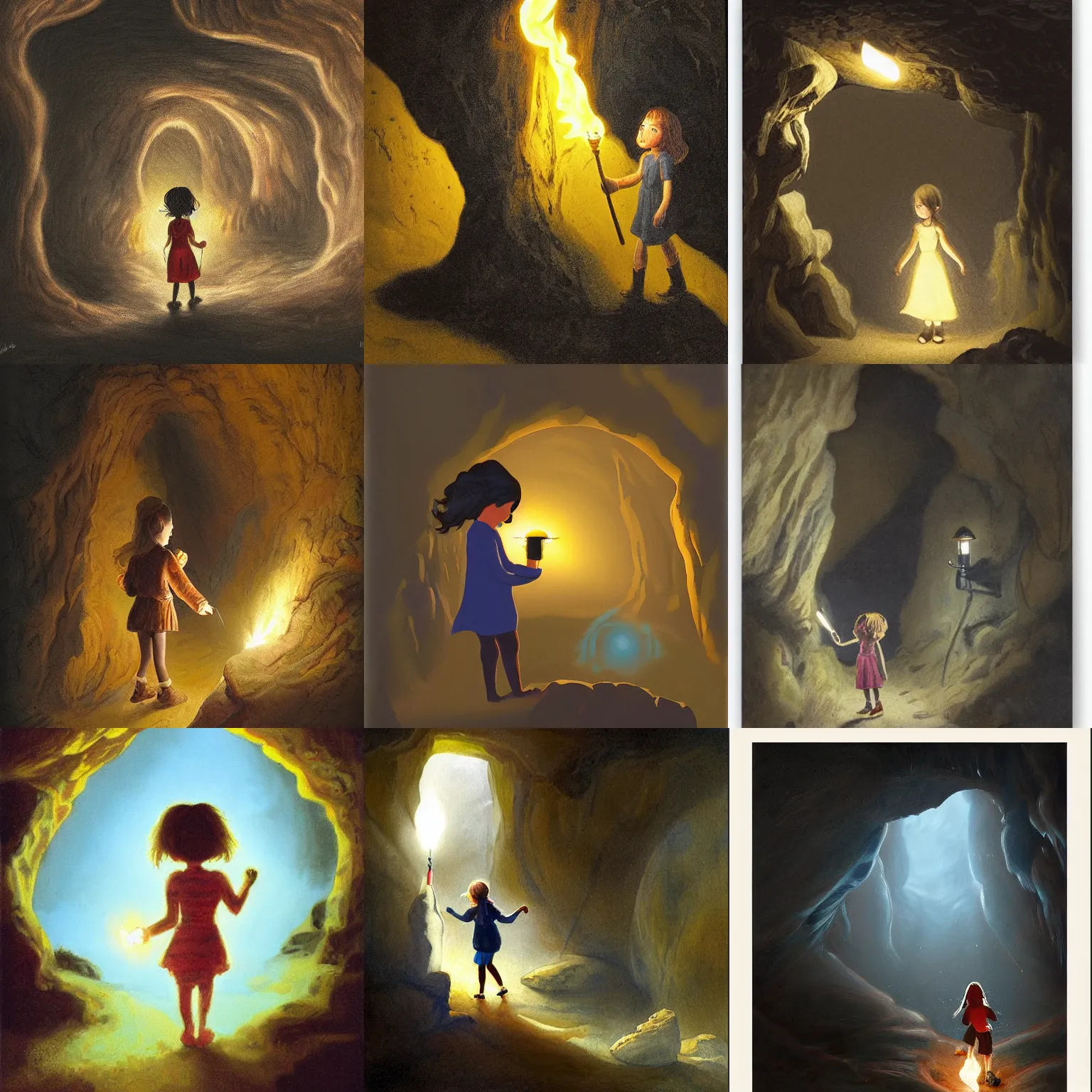 Prompt: a girl with a torch walking through a cave, the girl is scared, by wain, louis