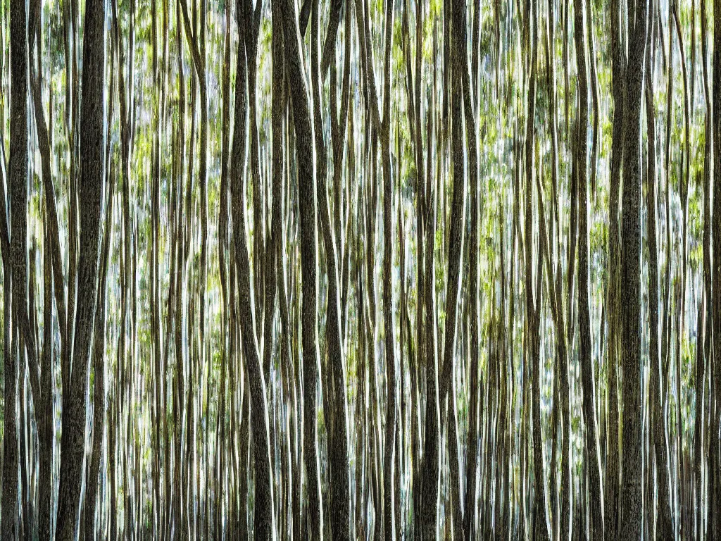 Image similar to double exposure photograph of tens of eucalyptus trees, soft light, autumn, in the style of basquiat and klee
