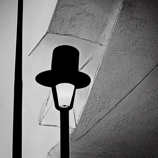 Image similar to the Babadook lurking underneath a street lamp in black and white