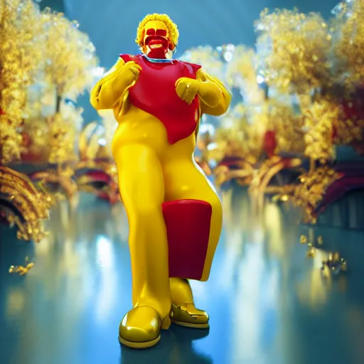 Image similar to A still of Ronald McDonald surrounded by gold and diamonds, Award-winning, photograph, 3d render, unreal engine, 4k detailed