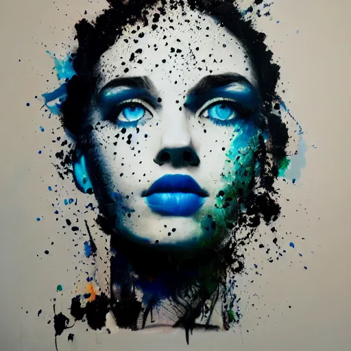 Prompt: matte portrait of a young woman with glowing blue eyes, covered in black splattered ink, by Antony Micallef