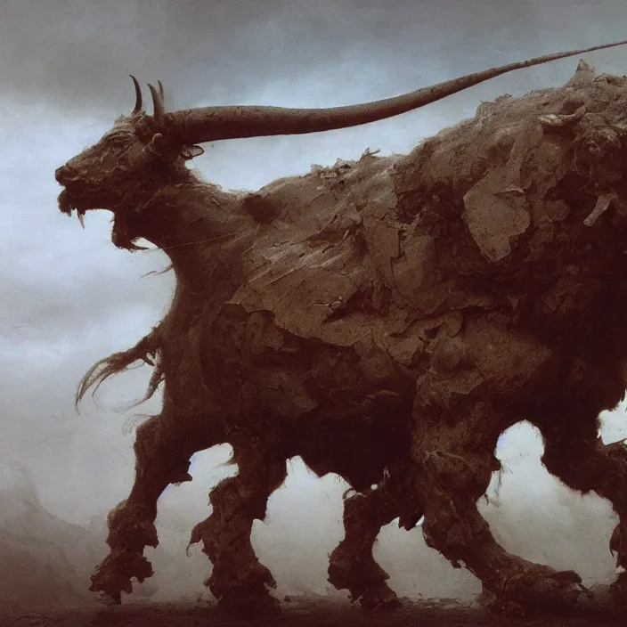 Prompt: minotaur in ancient armor concept, beksinski, ruan jia, trending on artstation