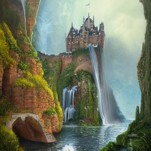 Image similar to a painting of a castle with a waterfall in front of it, a detailed matte painting by tyler edlin. unreal engine 5, digital painting, vertical, intricate, beautiful, detailed, grunge, sharp focus, abstract art by kuvshino and el lissitzky and artgerm and kandinsky, trending on artstation. darker to bottom