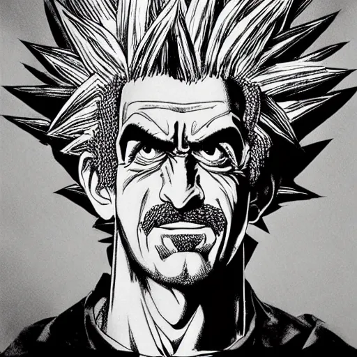 Image similar to Super Saiyan Frank Zappa manga panel award winning black and white art by Frank Zappa and Kim Jung Gi pen highly detailed pen and ink matte painting