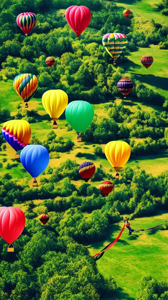 Image similar to large colorful balloons with people on rope swings underneath, flying high over the beautiful countryside landscape, professional photography, 8 0 mm telephoto lens, realistic, detailed, digital art, unreal engine