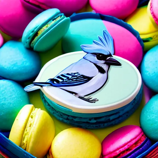 Image similar to A photograph of a (photorealistic blue jay) standing on a large basket of rainbow macarons.