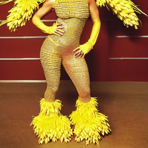 Image similar to full body photo of jennifer lopez, she is wearing a costume of corn on a cob