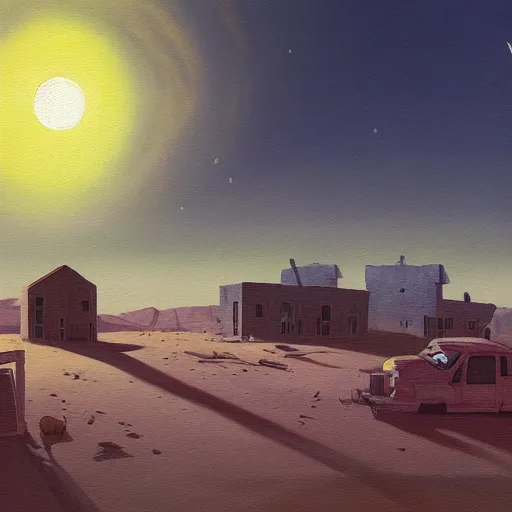 Image similar to a beautiful painting of a village in the desert, white houses, two suns, by simon stalenhag