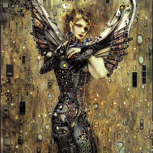 Image similar to winged cybernetic vampire trapped in circuitry, intricate detail, miro, royo, whealan, klimt,