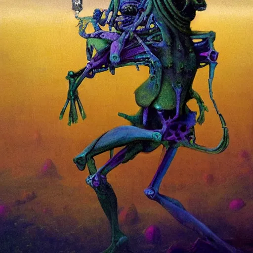 Image similar to muppet frog horseman riding a glowing baroque unicorn skeleton, foggy night, in style of tarot card, painting by beksinski, part by adrian ghenie and neo rauch, in color palette of francis bacon, eerie, mystical, sublime