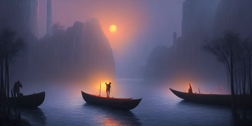 Image similar to Charon the ferryman of Hades, by Evgeny Lushpin, dramatic lighting, high contrast colors, panoramic view, as trending on Artstation,