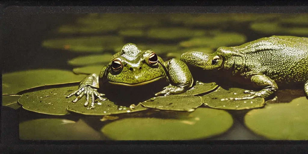 Prompt: detailed medium format photo, polaroid still from tarkovsky movie, of a large bullfrog sitting on a lilly pad in a murky swamp smoking a cigarette, haze, high production value, intricate details, 8 k resolution, hyperrealistic, hdr, photorealistic, high definition, tehnicolor, award - winning photography, masterpiece, amazing colors