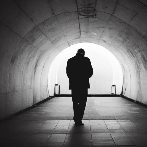Image similar to a man stands crying at the end of a tunnel, watching as his girlfriend walks away from him forever, cinematography, 85mm f1.8, noir