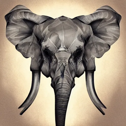 Image similar to a stylized elephant skull, geometric patterns, front view, black background, unreal engine, concept art, album cover, dry brush wash