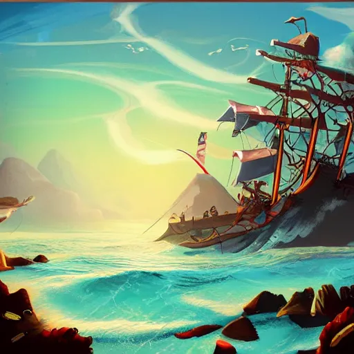 Prompt: a detailed illustration a idyllic ocean with pirate ship scene by Alex Hirsch, trending on artstation, cgsociety, deviantart - n 9