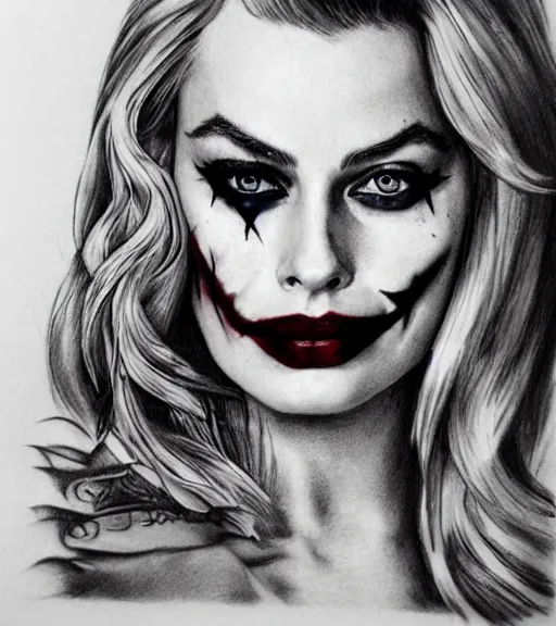 Image similar to tattoo design sketch of beautiful margot robbie portrait with joker makeup, in the style of den yakovlev, realistic face, black and white, realism tattoo, hyper realistic, highly detailed, beautiful drawing