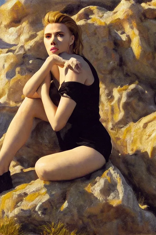 Image similar to portrait of scarlett johansson sitting with full face full figure on a rock near some ruins, in the style of expressionism, soft light, volumetric light, subsurface scattering, translucent skin, john singer sargent