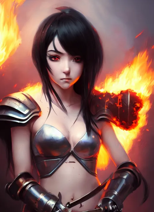 Prompt: Portrait of Anime girl with black hair, she is carrying a burning sword, wearing metal armor around her chest and waist, realistic, detailed, 4k by Greg Rutkowski Mark Arian trending on artstation