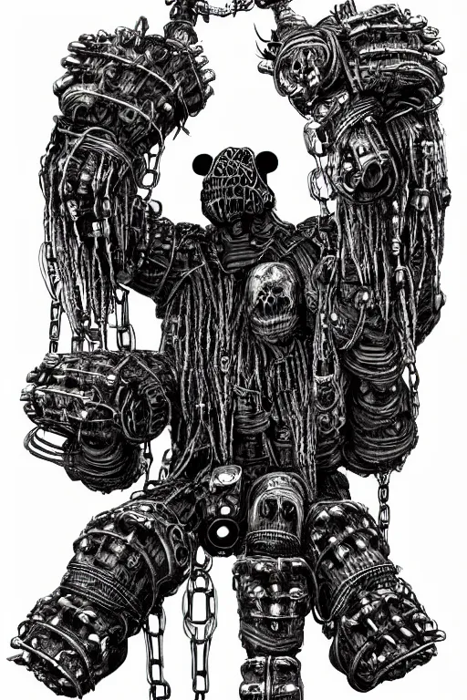 Prompt: wild monstorous anthropomorphic biomechanical bear shaman-warrior wearing chains made of tiny human skulls and other voodoo artifacts. Wearing dreadlocks made of cables and wires. Upgraded with hightech cyberwares. huge, big, giant bear human hybrid, mecha animal, tall, detailed woodcut armor, terrifying and dangerous, scary, beautiful, steampunk monster android hybrid art portrait, matte scifi fantasy painting, half robot half bear. Fullbody, Centered uncut. 50px margins on every side.. DeviantArt Artstation, by Jason Felix by Steve Argyle by Tyler Jacobson by Peter Mohrbacher, cinematic lighting