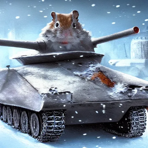 Image similar to an awesome serious roborovski hamster drives in a soviet military tank, snow fall, highly detailed, digital painting, artstation, concept art, movie still, smooth, sharp focus uhd 8 k