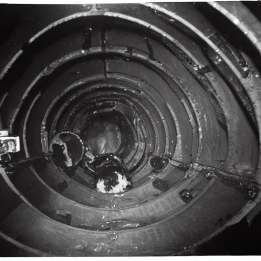 Prompt: sinking Soviet submarine interior, creature lurking in the dark ess, thalassophobia, claustrophobic, terror, cramped, archival footage