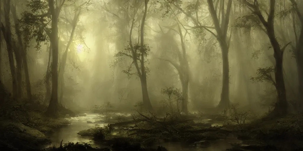 Image similar to [ a dark scene of a dense forest at dawn with a gentle stream through it, sunlight through trees, volumetric light and mist, fog, a dead fallen tree lays in the water, a sense of mystery ], andreas achenbach, artgerm, mikko lagerstedt, zack snyder, tokujin yoshioka