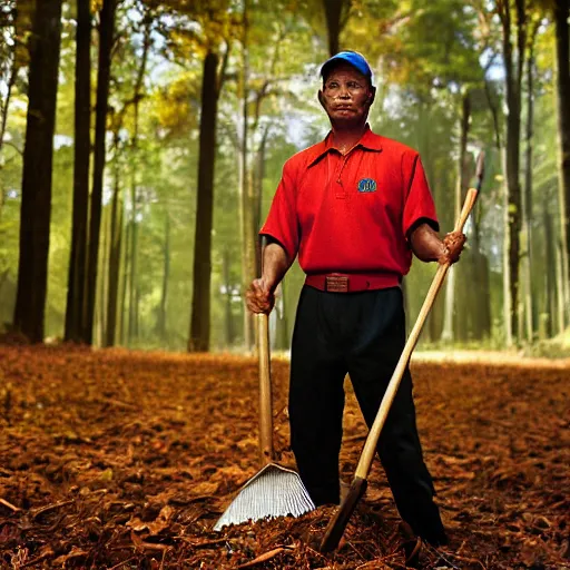 Image similar to closeup portrait of a cleaner with a huge rake in a fall forest, sports photography, by Neil Leifer and Steve McCurry and David Lazar, natural light, detailed face, CANON Eos C300, ƒ1.8, 35mm, 8K, medium-format print