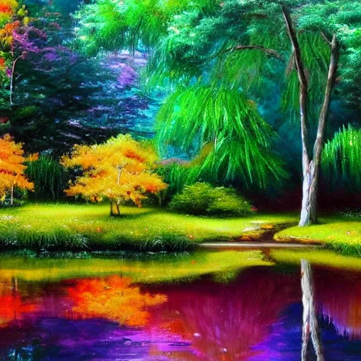 Prompt: beautiful pond with reflections of trees colorful magical realism detailed painting 4 k