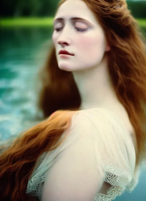 Prompt: Kodak Portra 400, 8K, soft light, volumetric lighting, highly detailed, sharp focus,britt marling style 3/4, Close-up portrait photography of a beautiful woman how pre-Raphaelites a woman with her eyes closed is surrounded by water , with the nape in the water, she has a beautiful lace dress and hair are intricate with highly detailed realistic beautiful flowers , Realistic, Refined, Highly Detailed, natural outdoor soft pastel lighting colors scheme, outdoor fine art photography, Hyper realistic, photo realistic