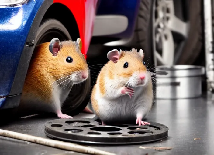 Image similar to film still of a hamster working as a mechanic in an auto shop, 8 k