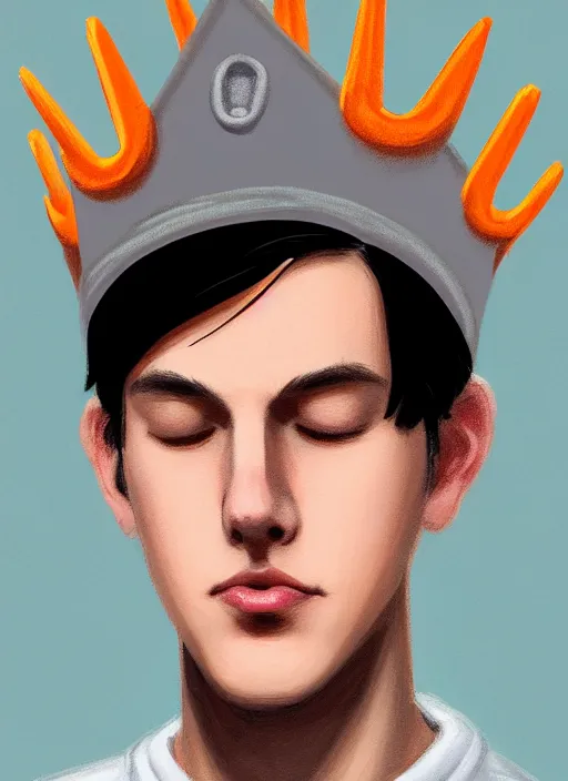 Image similar to portrait of teenage jughead jones wearing a light grey crown, crown, hamburger background, eyes closed, crown, black hair, orange, intricate, elegant, glowing lights, warm lighting, highly detailed, digital painting, artstation, concept art, smooth, sharp focus, illustration, art by wlop, mars ravelo and greg rutkowski