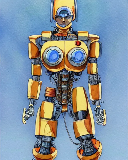 Image similar to a watercolor painting full body character portrait of a cybernetic half saiyan robot in the style of jean giraud in the style of moebius trending on artstation deviantart pinterest detailed realistic hd 8 k high resolution