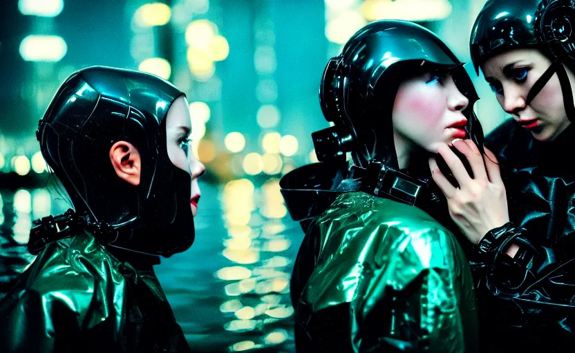 Image similar to cinestill 5 0 d candid photographic portrait by stanley kubrick of two loving female androids sobbing wearing rugged black mesh techwear in treacherous waters, flooded city, long shot, retrofuturism cyberpunk moody emotional cinematic, pouring iridescent rain bright spotlight helicopter, 8 k, hd, high resolution, 3 5 mm, f / 3 2, ultra realistic faces, ex machina