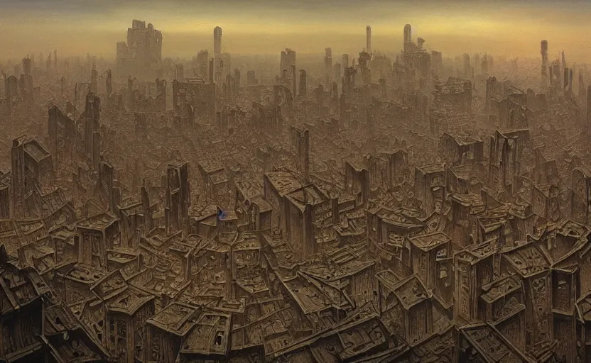 Image similar to A detailed painting of a devastated city whatched by a big skull madr in thr style of Beksinski