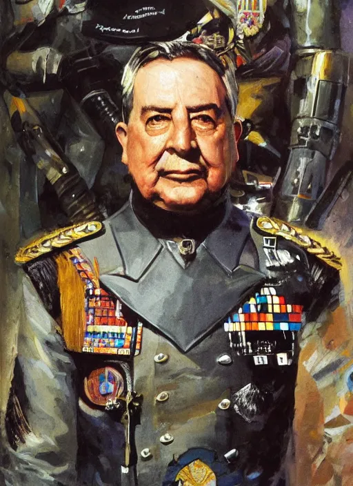 Prompt: sci fi portrait of general augusto pinochet as a cyborg wearing prussian military clothes by john berkey