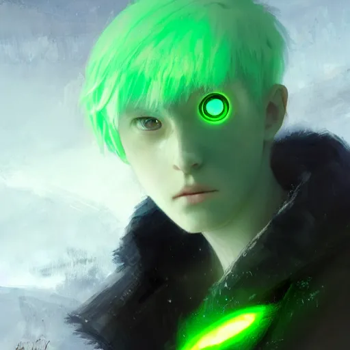 Prompt: a 14 year old teenage ghost boy with pale skin white hair and glowing green eyes. Wearing a black spandex suit. White breath showing in the cold air. Kuvshinov ilya. Ruan Jia. By Greg Rutkowski