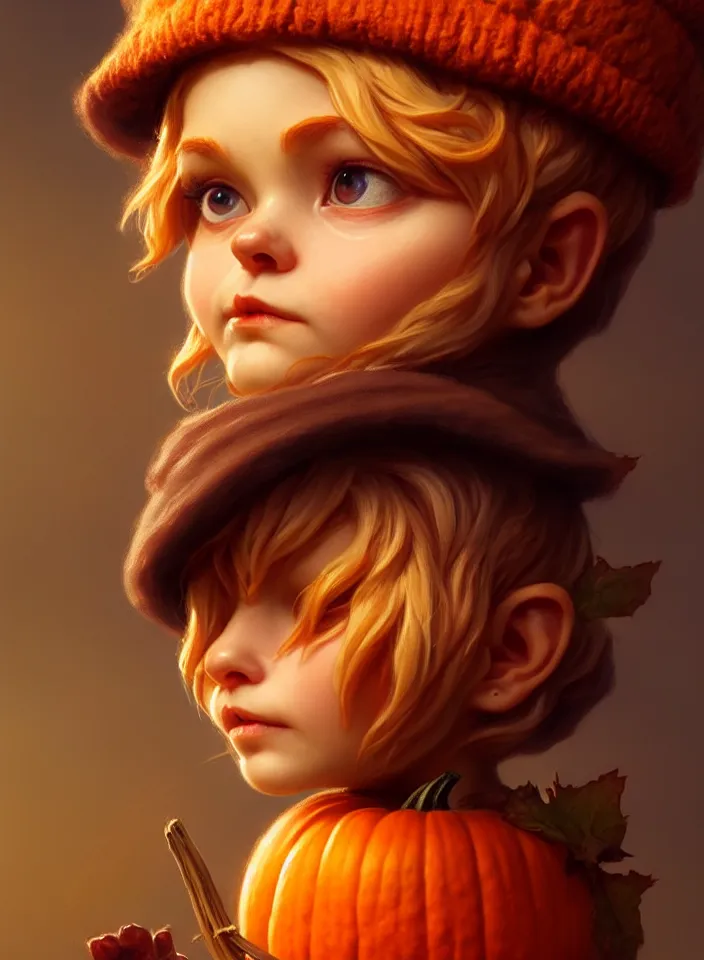 Image similar to hand drawn cute one gnomes face in autumn and pumpkin, detailed closeup face, concept art, low angle, high detail, warm lighting, volumetric, godrays, vivid, beautiful, trending on artstation, art by artgerm and greg rutkowski and alphonse mucha