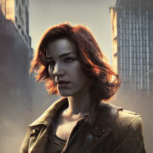 Image similar to fallout 5, charismatic beautiful rugged brunette female protagonist, portrait, outdoors ruined cityscape, atmospheric lighting, painted, intricate, volumetric lighting, beautiful, daytime, sunny weather, slight overcast, sharp focus, deep colours, ultra detailed, by leesha hannigan, ross tran, thierry doizon, kai carpenter, ignacio fernandez rios